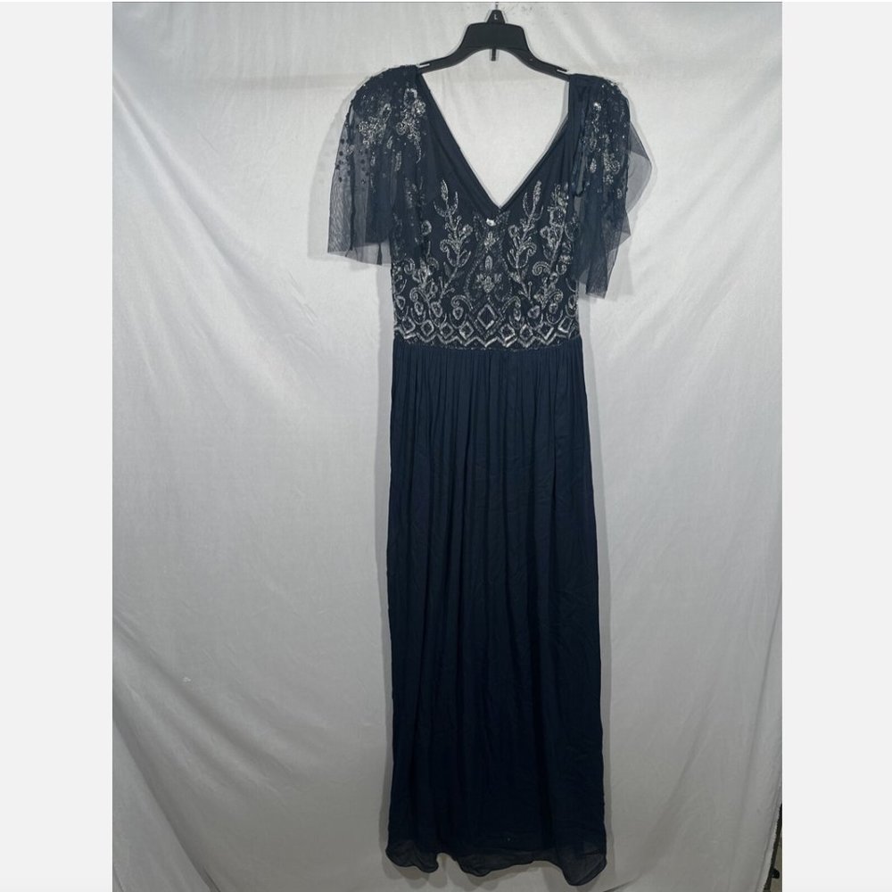 NEW $289 Adrianna Papell [ 6 ] Bead Bodice Long Chiffon Gown Midnight Blue #Q493